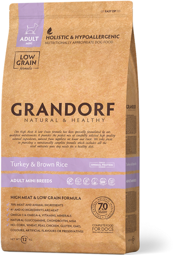 Grandorf Turkey and Brown Rice dog food for adult mini breed, 3kg bag, natural ingredients for healthy canine nutrition