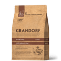 Grandorf Duck & Turkey dry dog food for adult medium and maxi breeds in a 1kg bag, natural nutritional blend for dogs.