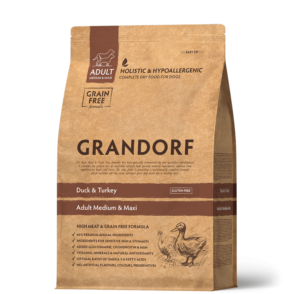 Grandorf Duck & Turkey dry dog food for adult medium and maxi breeds in a 1kg bag, natural nutritional blend for dogs.