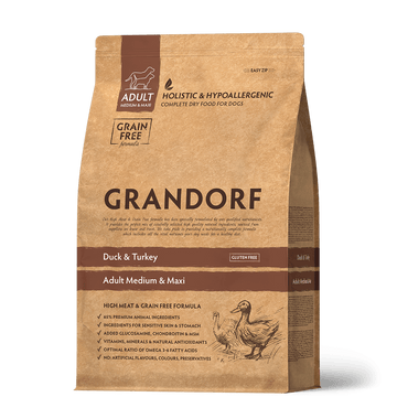 Grandorf Duck & Turkey dry dog food for adult medium and maxi breeds in a 1kg bag, natural nutritional blend for dogs.