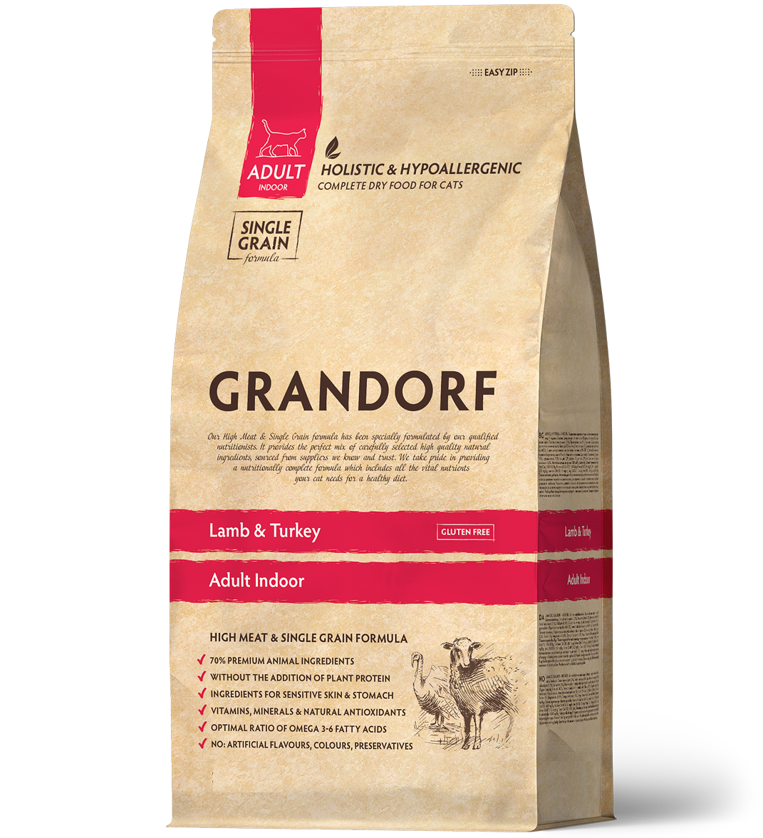 Grandorf Lamb & Turkey dry cat food for adult indoor cats, 2kg bag, high-quality pet food with natural ingredients.