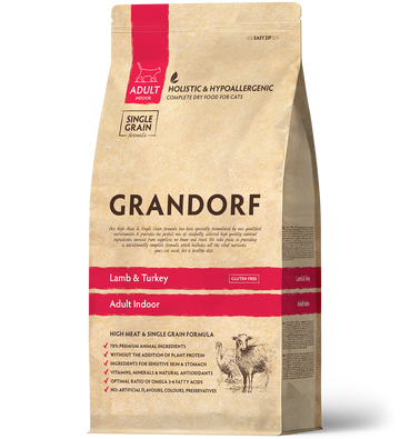 Grandorf Lamb & Turkey dry cat food for adult indoor cats, 2kg bag, high-quality pet food with natural ingredients.