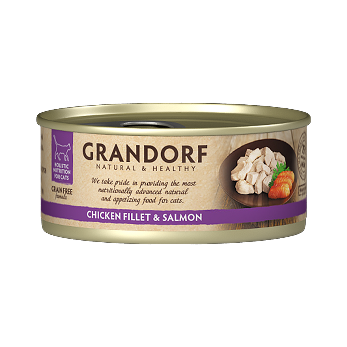Canned cat food by Grandorf featuring chicken breast and salmon, 70g packs, set of six, for healthy feline nutrition.