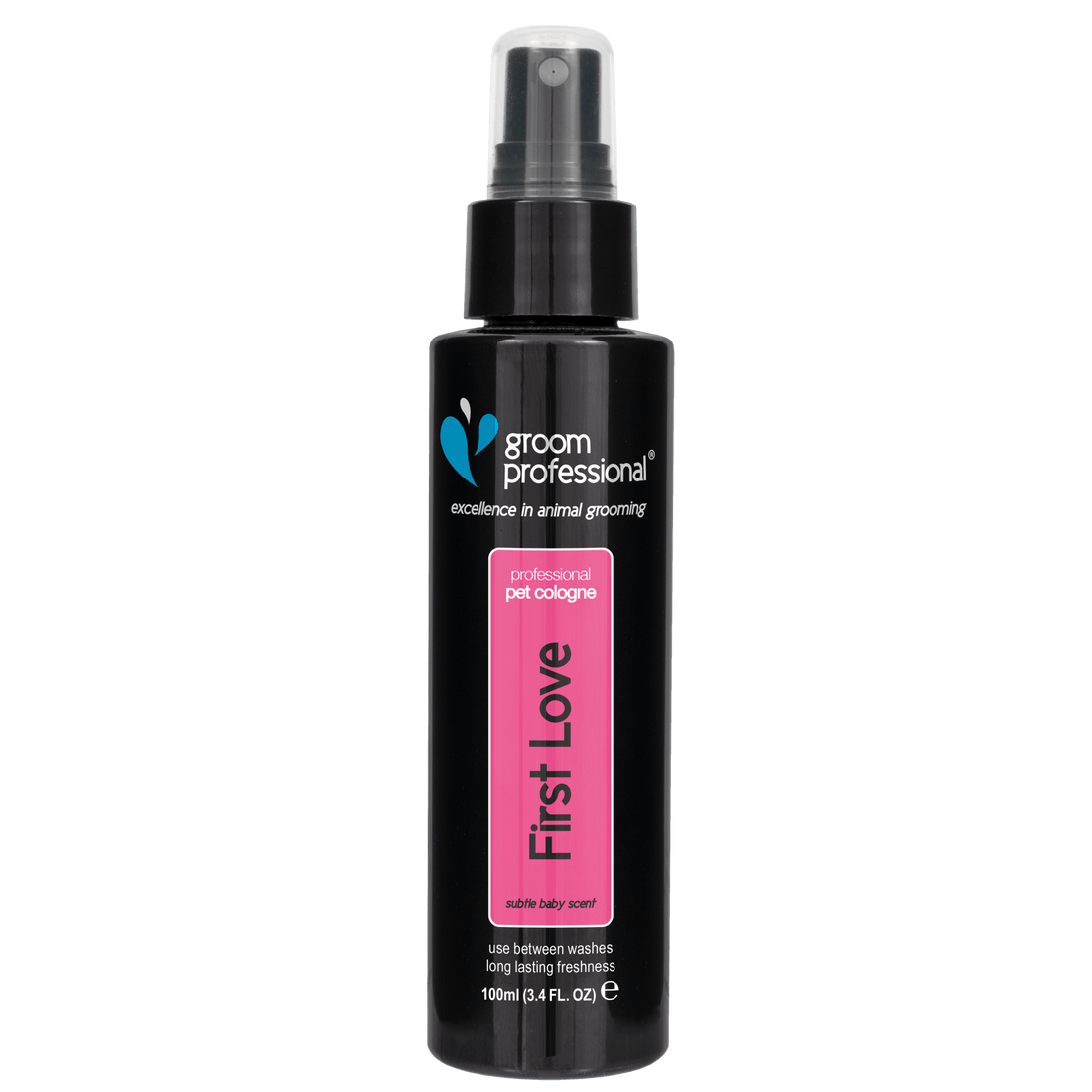 Groom Professional First Love Cologne 100ml bottle with sleek packaging, grooming product for men, fresh scent, in a clear glass container.