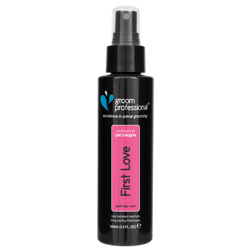Groom Professional First Love Cologne 100ml grooming spray, featuring sleek bottle design and elegant branding.