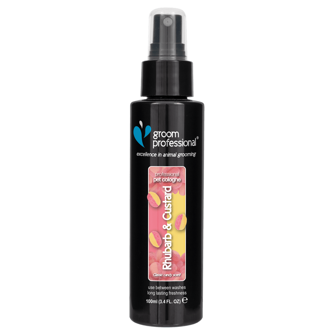 Groom Professional Rhubarb & Custard Cologne for pets, 100ml grooming spray with a vibrant, fruity scent.