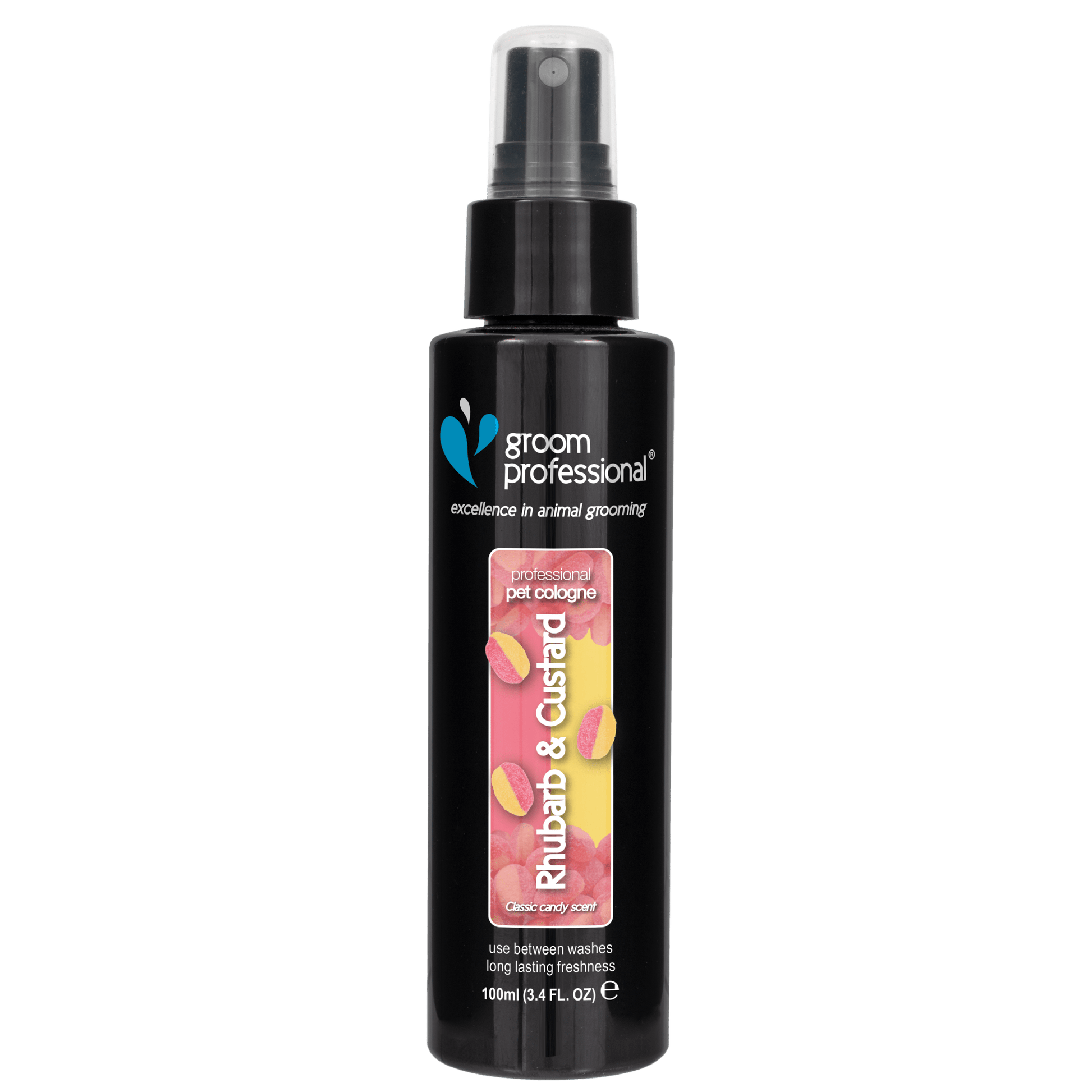 Groom Professional Rhubarb & Custard Cologne for pets, 100ml grooming spray with a vibrant, fruity scent.