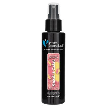 Groom Professional Rhubarb & Custard Cologne for pets, 100ml grooming spray with a vibrant, fruity scent.