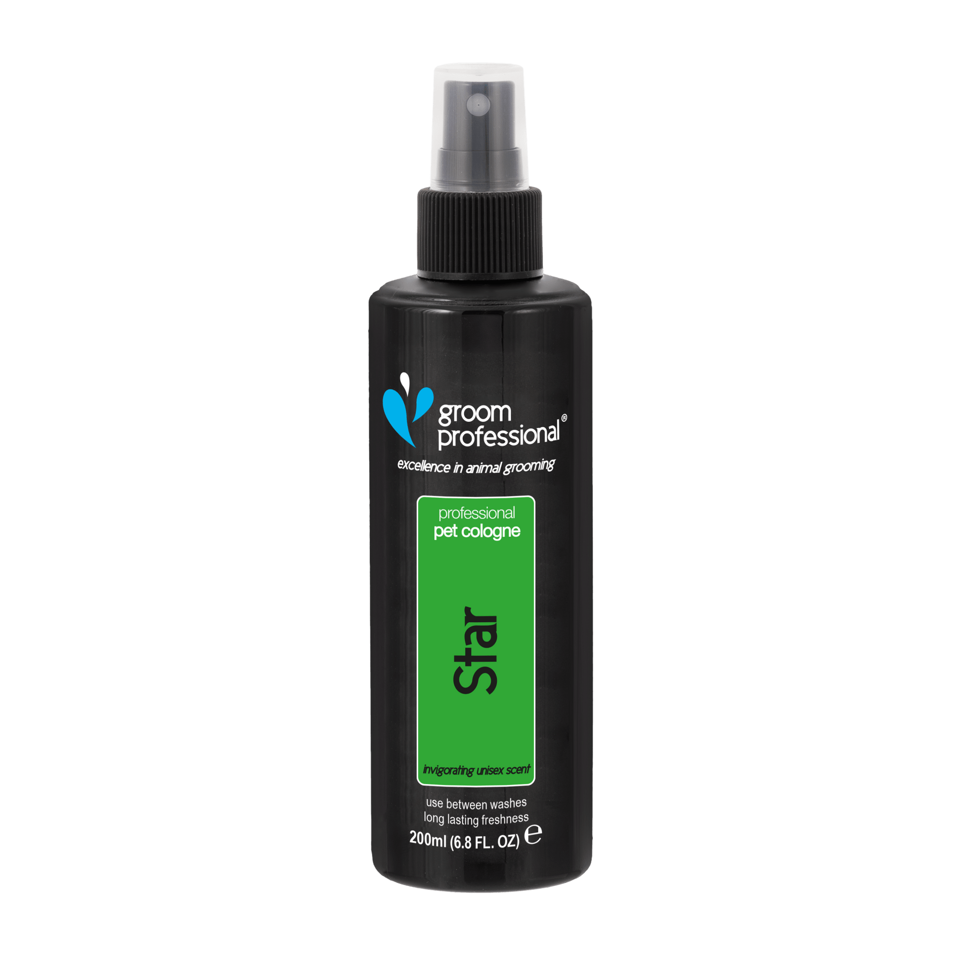 Groom Professional Star Cologne 200ml grooming spray for pets, featuring a sleek bottle with a white spray nozzle.
