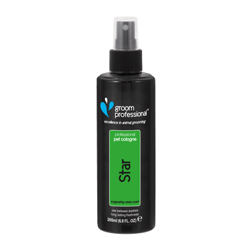 Groom Professional Star Cologne 200ml grooming spray for pets, featuring a sleek bottle with a white spray nozzle.