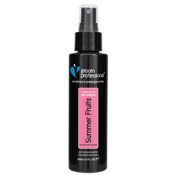 Groom Professional Summer Fruits Cologne 100ml bottle, grooming product with colorful fruit-themed label for pet grooming.