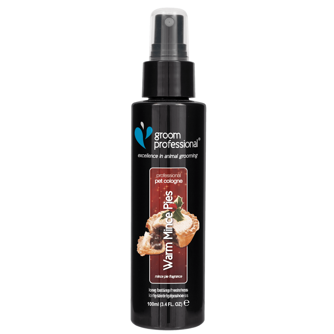 Groom Professional Warm Mince Pies Cologne bottle, 100ml, grooming scent for pets with festive warm spice aroma.