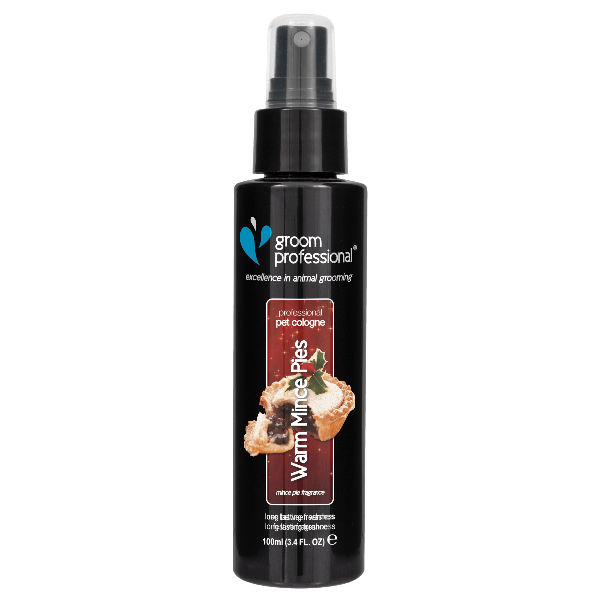 Groom Professional Warm Mince Pies Cologne bottle, 100ml, grooming scent for pets with festive warm spice aroma.