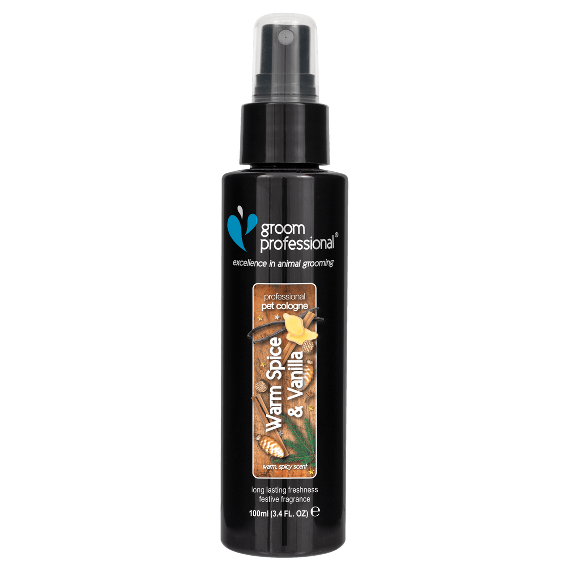 Groom Professional Warm Spice & Vanilla Cologne for pets in a 100ml bottle, used for grooming and freshening up animals.