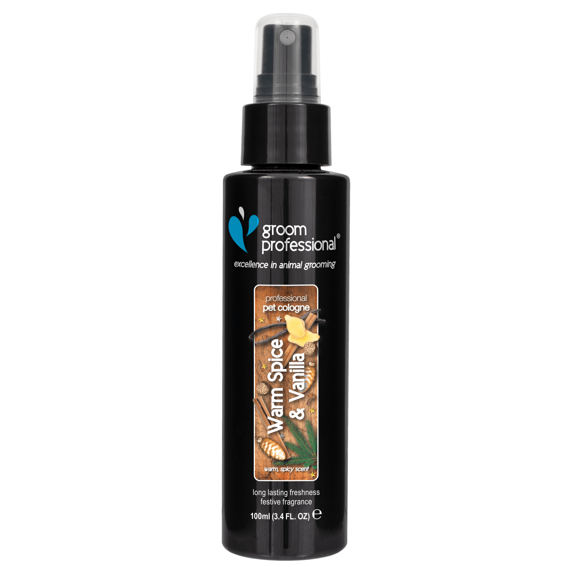 Groom Professional Warm Spice & Vanilla Cologne for pets in a 100ml bottle, used for grooming and freshening up animals.