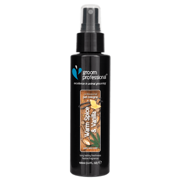 Groom Professional Warm Spice & Vanilla Cologne for pets in a 100ml bottle, used for grooming and freshening up animals.