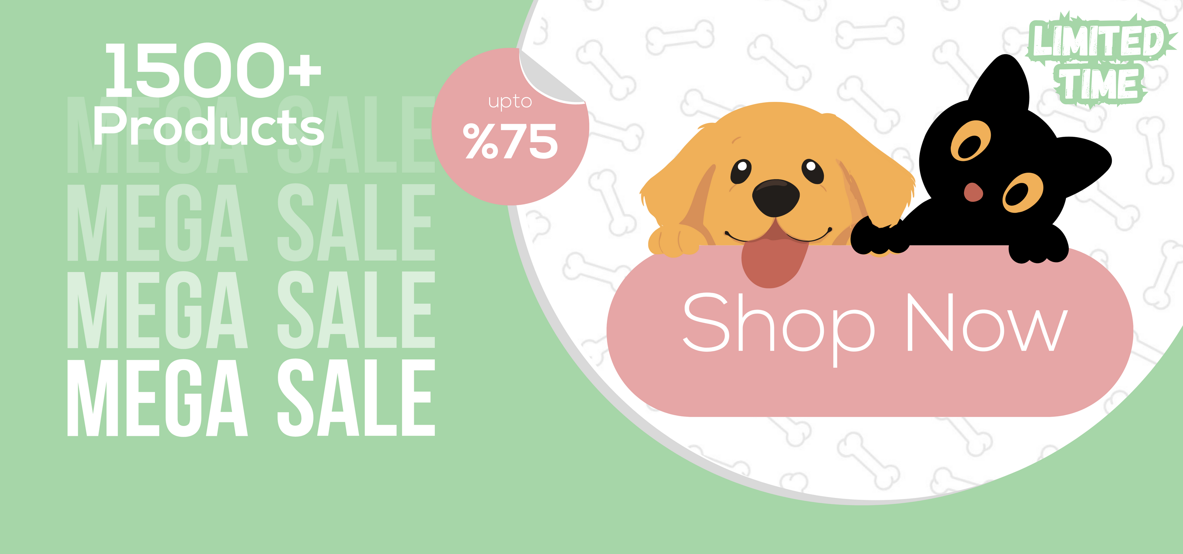 Promotional graphic with cartoon dogs, sale text, and a 'Shop Now' button on a green background.slider_item_3XPx6j