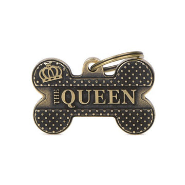 MyFamily Bronx Big Bone Queen ID Tag for pets, featuring a bone shape design with decorative elements, suitable for dogs or cats.