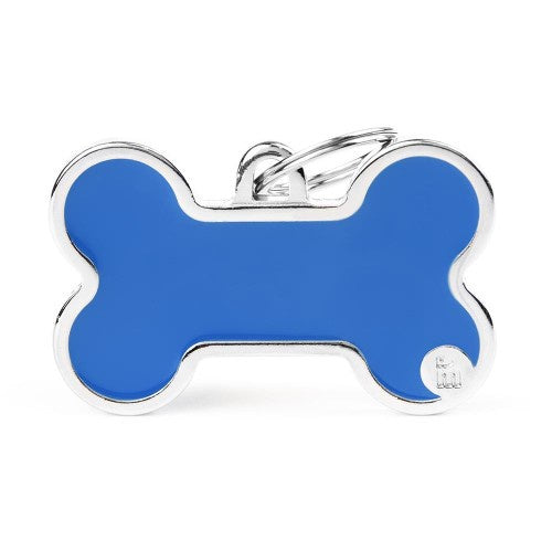 Large handmade blue bone ID tag by MyFamily, showing a detailed close-up of the durable, stylish identification tag.