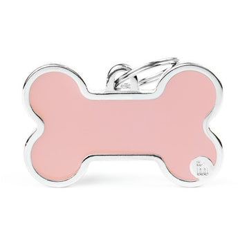 Large pink bone-shaped ID tag by MyFamily, handmade dog identification tag with clear engraving for pets.