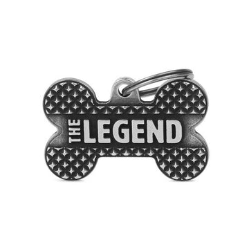 MyFamily Bronx Big Bone Legend ID Tag showing the engraved bone design and branding for pet identification.