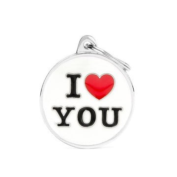 MyFamily I Love You Big Circle ID Tag charm with engraved text, made of metal, designed for personalized jewelry or accessories.