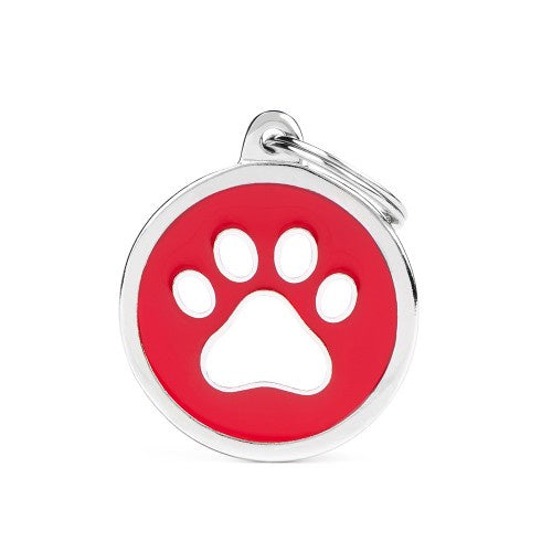 Red big circle white paw ID tag by MyFamily, durable metal charm for pet identification with paw print design.