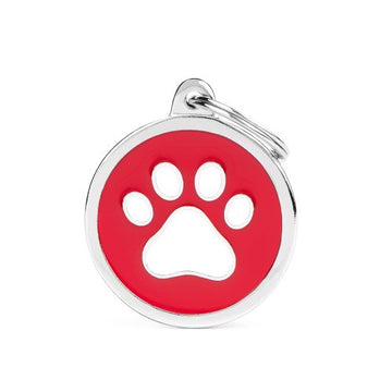 Red big circle white paw ID tag by MyFamily, durable metal charm for pet identification with paw print design.