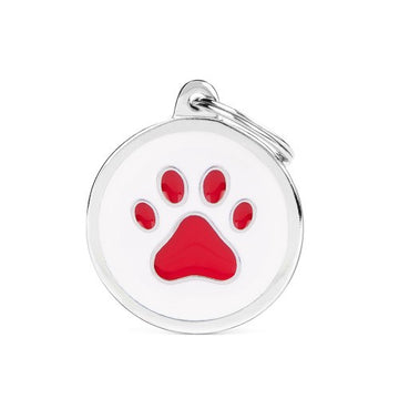 MyFamily white big circle ID tag with red paw print design, used for pet identification.