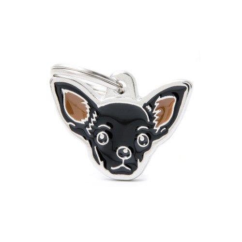 Black Chihuahua ID tag by MyFamily featuring engraved pet identification for small dogs.