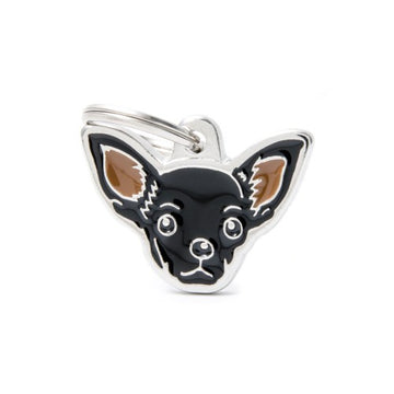 Black Chihuahua ID tag by MyFamily featuring engraved pet identification for small dogs.
