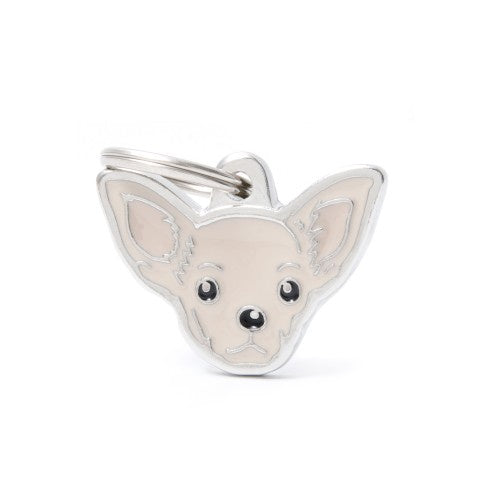Chocolate Chihuahua ID tag by MyFamily featuring a cute dog illustration and engraved identification details.