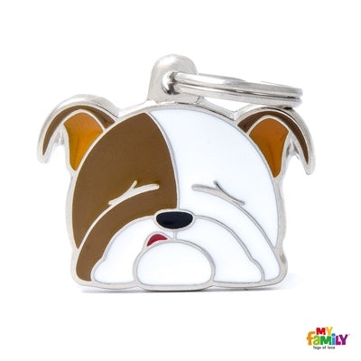 English Bulldog ID tag by MyFamily showing a detailed dog tag with engraved text and a metal loop for attaching to a collar.