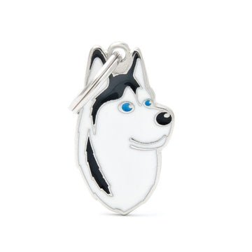 Black and white Siberian Husky ID tag from MyFamily featuring a detailed image of the dog breed.