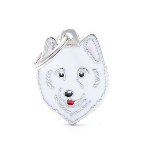 MyFamily Samoyed ID tag showing a cute Samoyed dog design on a durable metal tag for pet identification.