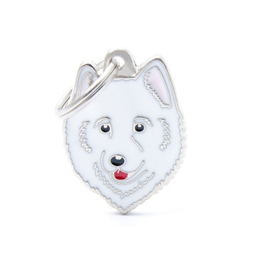 MyFamily Samoyed ID tag showing a cute Samoyed dog design on a durable metal tag for pet identification.