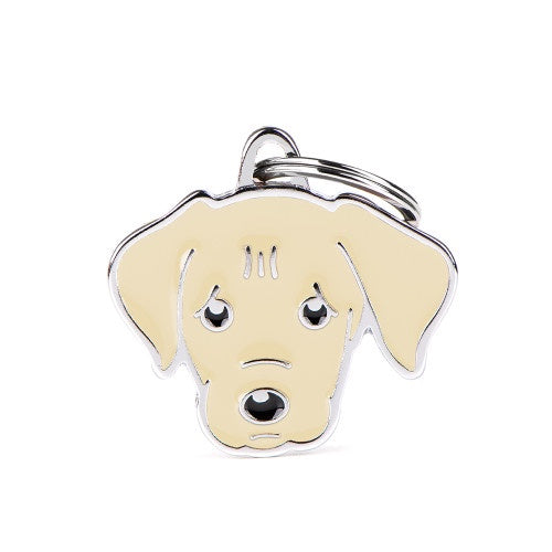 Yellow Labrador ID tag by MyFamily featuring a durable metal tag with engraved pet identification details.