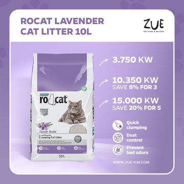 RoCat Lavender Cat Litter 10L in a bag, lavender-scented cat litter designed for odor control and easy cleaning.