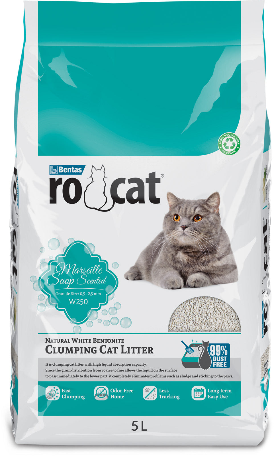 RoCat Marseille Soap Cat Litter 5L, natural cat litter made by RoCat, with a close-up of the soap product in a clean setting.