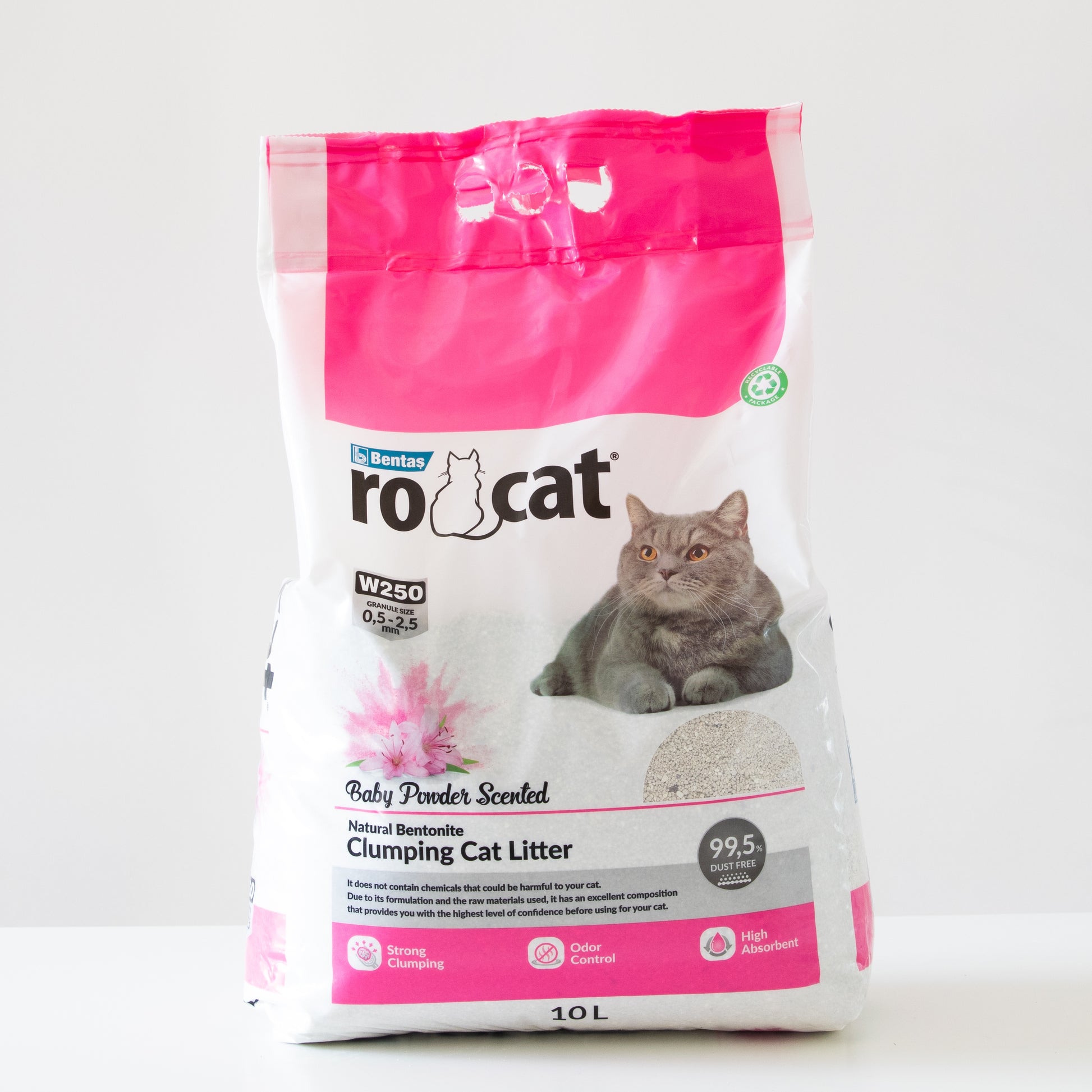 RoCat Baby Powder Cat Litter 10L, light-colored clay litter for cats with a soft, powdery texture, designed for odor control and comfort