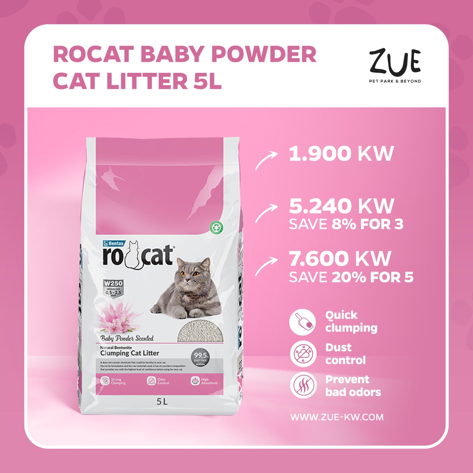 RoCat Baby Powder Cat Litter 5L, soft and absorbent cat litter with baby powder scent, designed for fresh, clean feline comfort.
