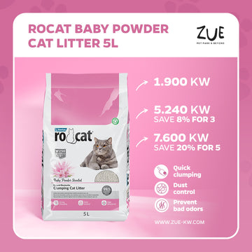 RoCat Baby Powder Cat Litter 5L, soft and absorbent cat litter with baby powder scent, designed for fresh, clean feline comfort.