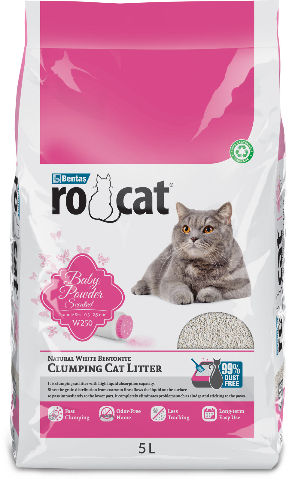 RoCat Baby Powder Cat Litter 5Ltr, soft clumping cat litter with baby powder scent, ideal for odor control and easy cleaning.