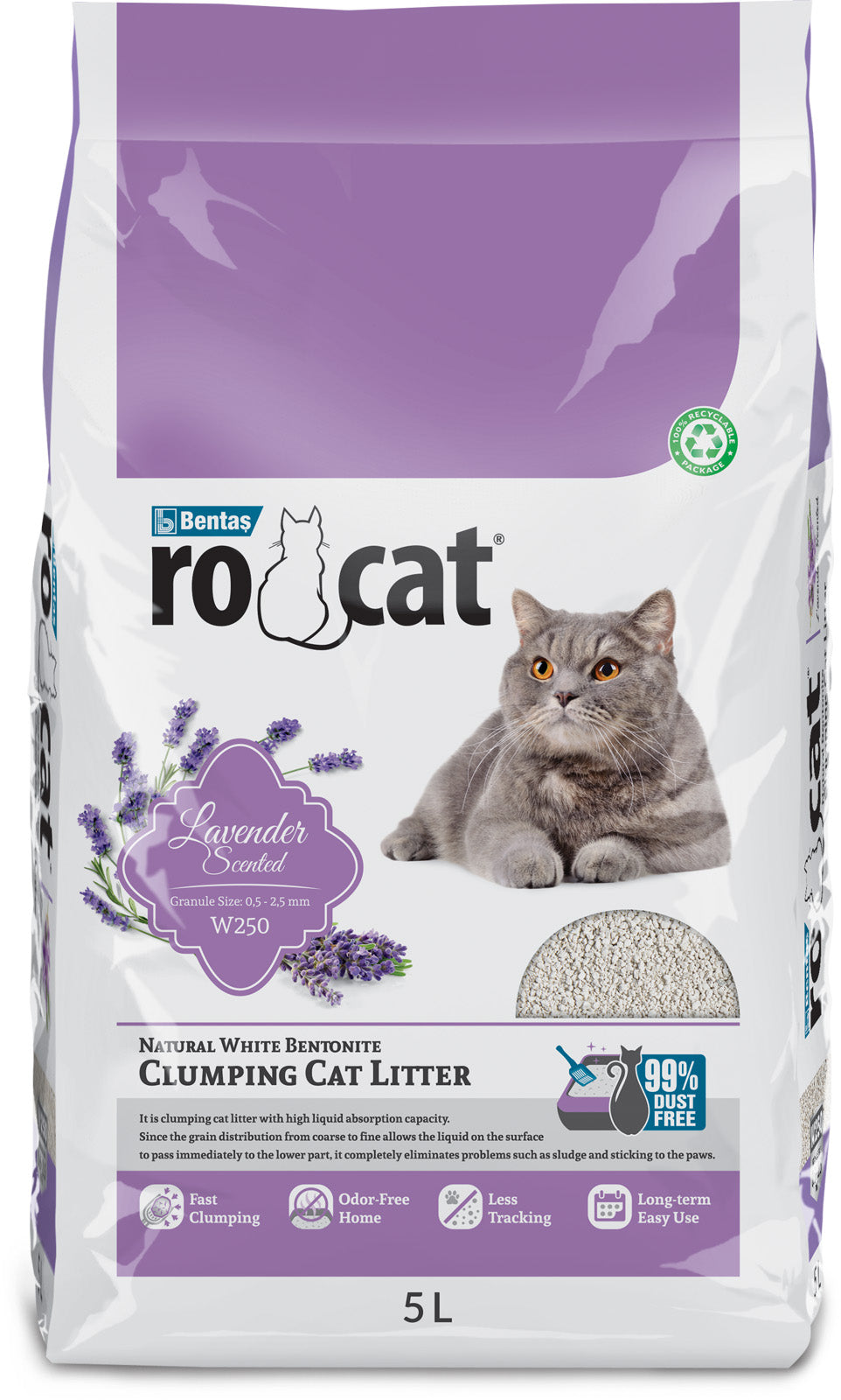 RoCat Lavender Cat Litter 5L, natural odor control, soft texture, suitable for cats, in a 5-liter bag with lavender scent.