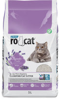 RoCat Lavender Cat Litter 5L, natural lavender-scented cat litter in a 5-liter bag, designed for odor control and easy cleaning.