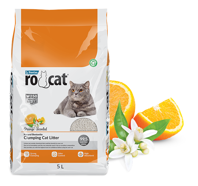 RoCat orange cat litter in a 5L bag, designed for odor control and easy cleaning, suitable for indoor cats.