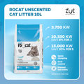 RoCat Unscented Cat Litter 10L, suitable for cats, showing the bag with product branding and natural clay texture.
