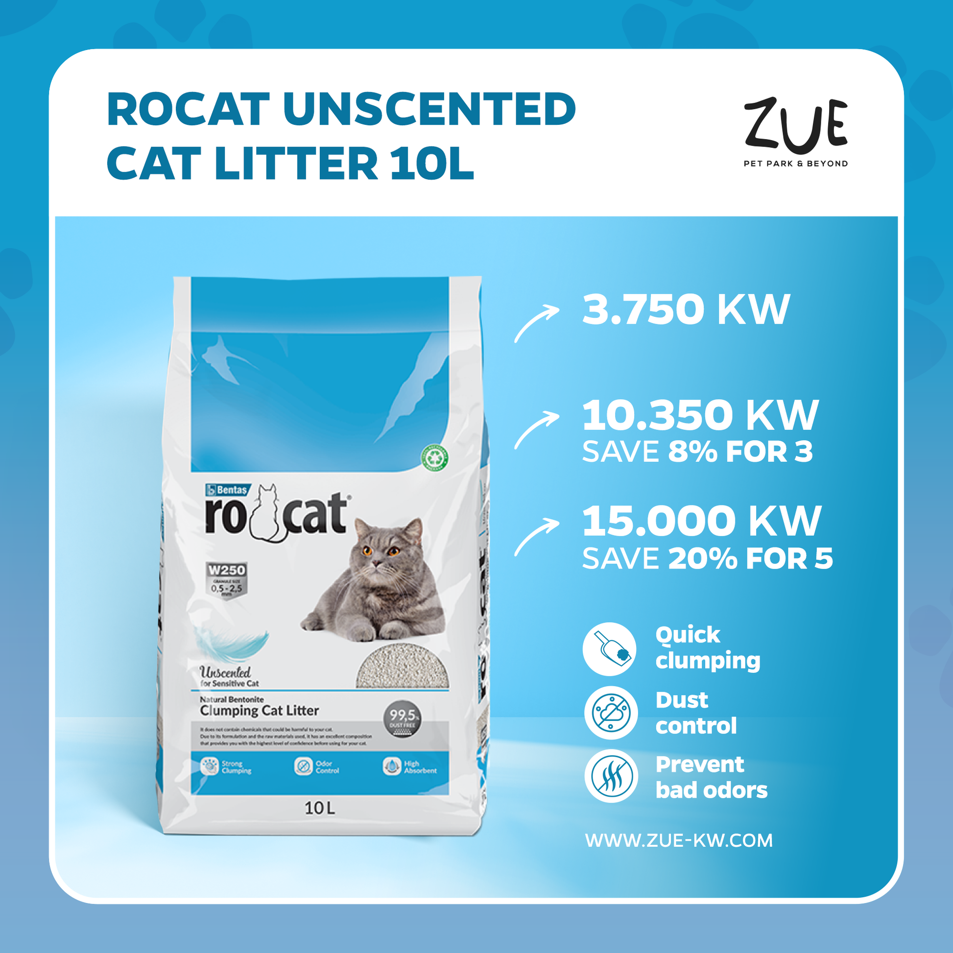 RoCat Unscented Cat Litter 10L, suitable for cats, showing the bag with product branding and natural clay texture.
