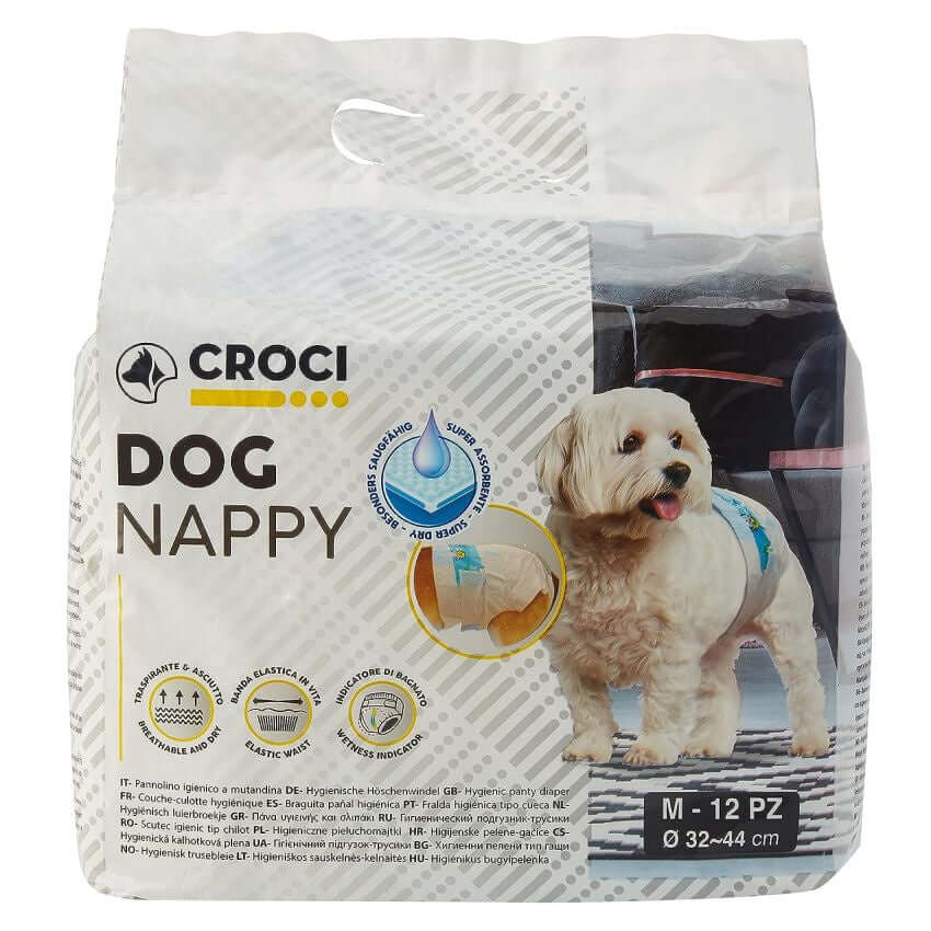 Croci medium dog nappies in a pack of 12, suitable for dogs with waist sizes 32-44cm, shown in a clean, hygienic setting.