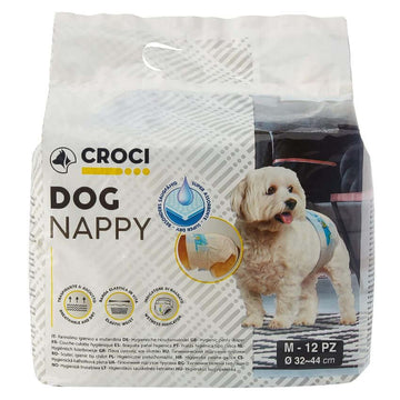 Croci medium dog nappies in a pack of 12, suitable for dogs with waist sizes 32-44cm, shown in a clean, hygienic setting.